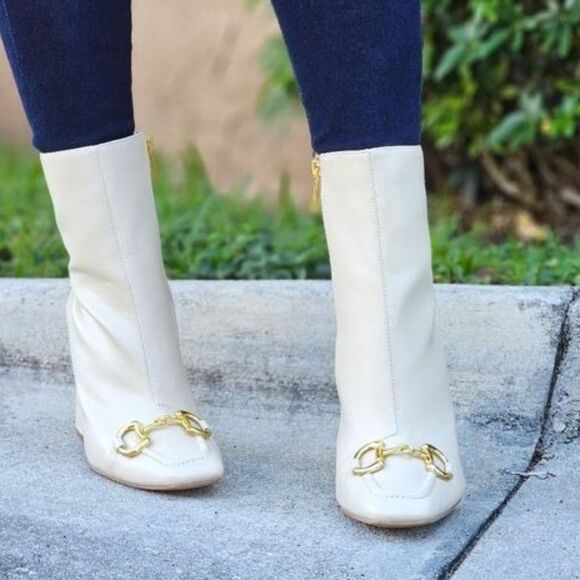 Women Square Toe Chain Bit Buckle Block Heel Bootie White Color - Picture 1 of 7